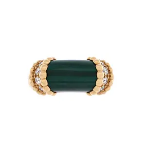 Pre-owned Van Cleef & Arpels Perlee Couleurs Ring 18K Yellow Gold and Malachite with Diamonds by Rebag