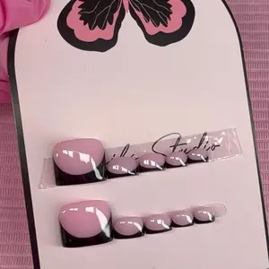 press on toenails pink nude black French tips handmade custom gel