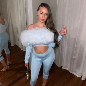 Blue Fur Romper with Off-Shoulder Design and Cut-Out Detail for Stylish Comfort