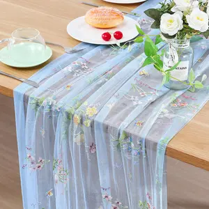 BINBE 3pcs Blue Florals Table Runner Embroidery Gauze 10FT Daisy Seasonal Tulle Birthday Wedding Holiday Kitchen Dining Table Decor for Home Party
