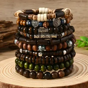 10Pcs/Set Random Men's And Women's Bohemian Style Fashion Wooden Beaded Bracelet, Couple Bracelet Combination Hand String Gift Handmade Beaded Chain Set
