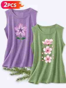 Women's 2-Piece Crew Neck Tank Top, Single Flower & Cherry Blossom Print Series, Multiple Colors Available, Machine Washable, Spring & Summer Top, Soft Skin-Friendly Fabric, Daily Versatile, Fashion Design