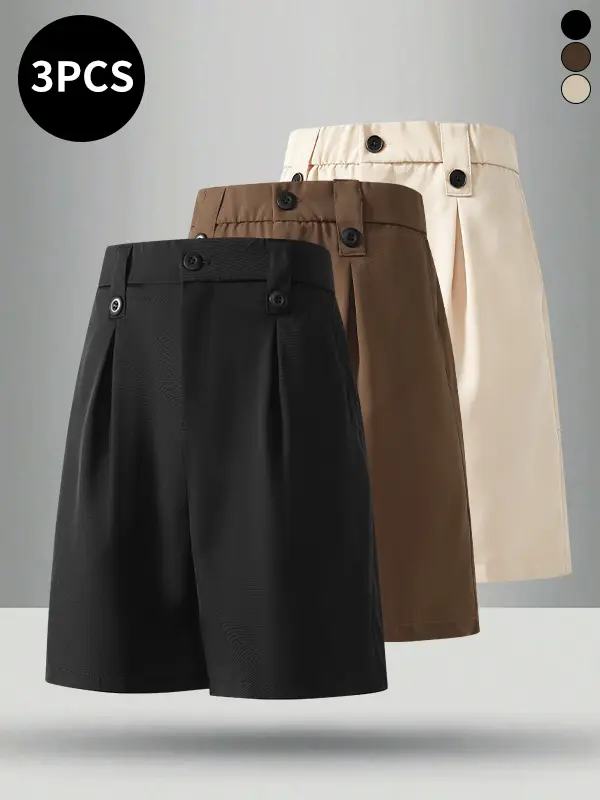 3-pack men’s suit shorts for summer—drapey, wrinkle-resistant suit fabric that is lightweight and breathable; suitable for work/commuting, shopping, dates, and everyday outings.