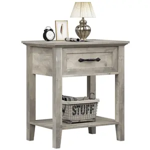 Modern Bedside table, Wood End Tables with Drawer, 2-Tier Open Storage Shelf, Square Bedside Table for Bedroom, Living Room, Dorm, or Office