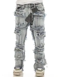 7 Pocket Light Wash Stacked Jeans - Stretch Denim with Distressing & Shredded Seams - Streetwear Statement Piece