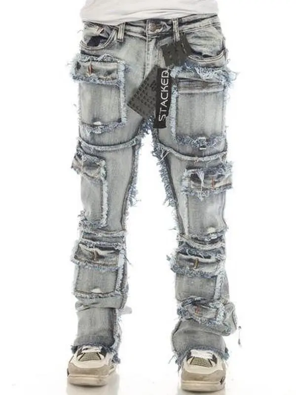7 Pocket Light Wash Stacked Jeans - Stretch Denim with Distressing & Shredded Seams - Streetwear Statement Piece