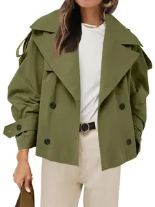 Lannew Womens Cropped Trench Coat Casual Double Breasted Short Jacket Fall Fashion Outerwear with Belt