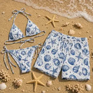 Tropical Hawaii Ocean Graphic Bikini & Men’s Shorts Set – Beachwear Inspired by Sea Shells & Starfish, Summer Vacation Style, Relaxed Coastal Vibes