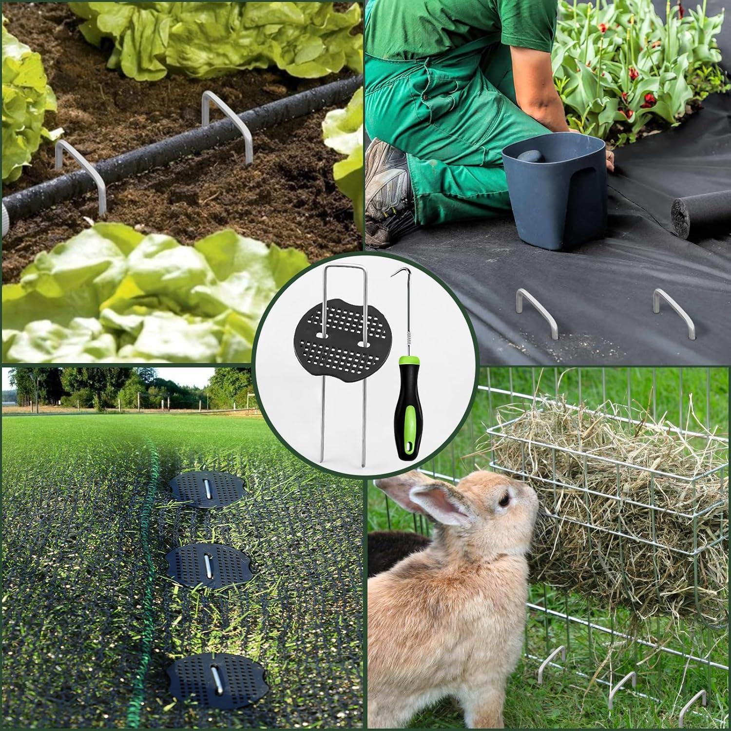 50-Pack 6 Inch Garden Staples with 50pcs Fixing Gaskets and 1pc Pick Hook U-Shaped Landscaping Stakes Heavy Duty Weed Barrier Fabric Pins Sod Pegs Lawn Anchors