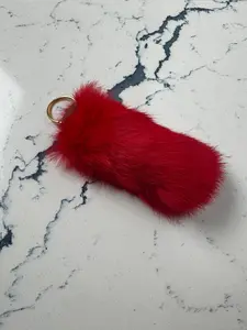 Red Genuine Rabbit Fur Keychain with Brass Hardware