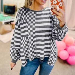 Women’s Khaki Checkered Striped Patchwork Lantern-Sleeve Pocketed Casual Long-Sleeve Shirt for Cool Weather