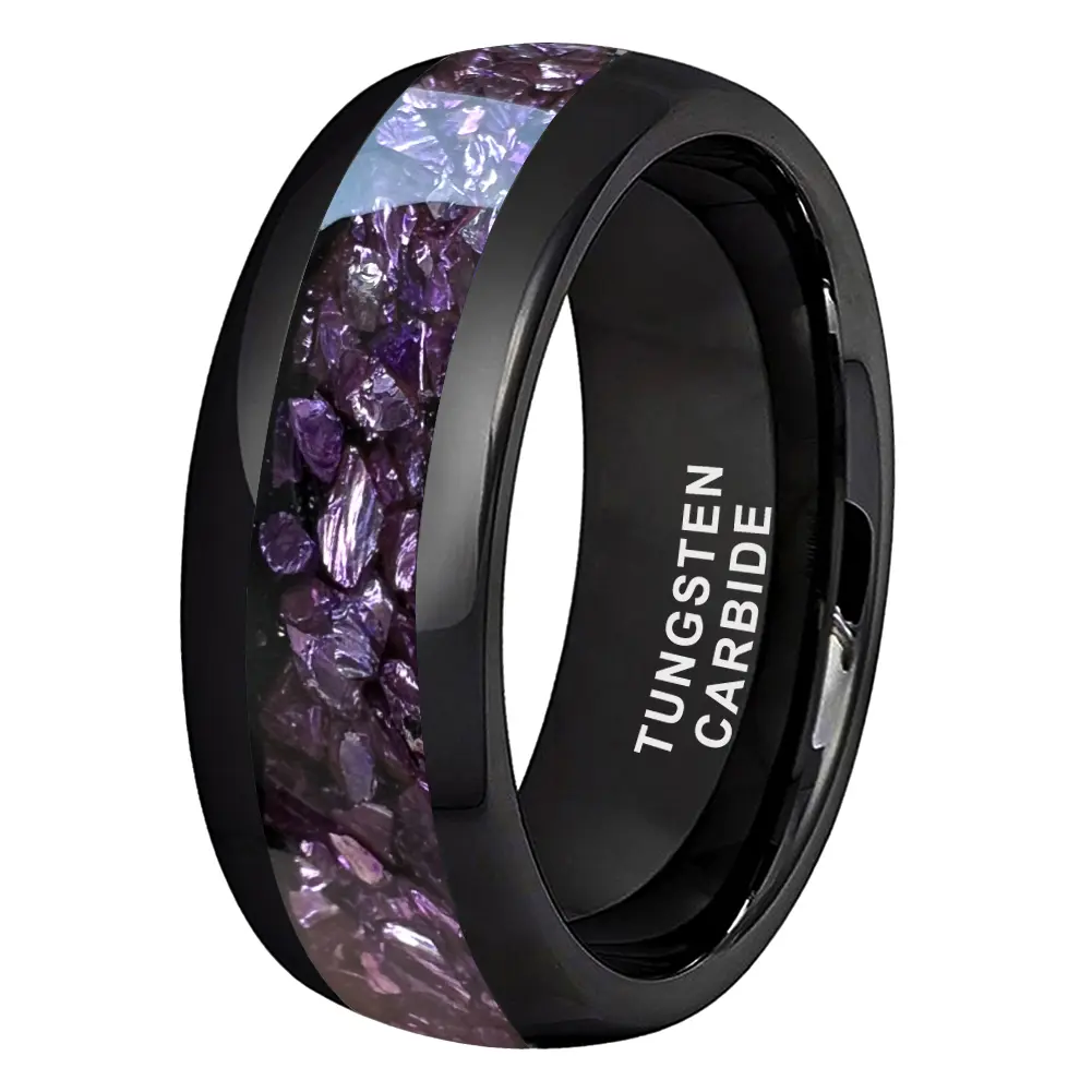 Yonifu 8mm Black Purple Tungsten Rings for Men Women Amethyst Inlay Fashion Engagement Promise Wedding Band Polished Comfort Fit