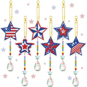 6 Pcs 4th of July Star Diamond Art Wind Chimes Kit Patriotic Star 250th Anniversary DIY Decor Diamond Art Ornaments with Crystal Pendant for Beginner Adults Memorial Day Hanging Home Decor