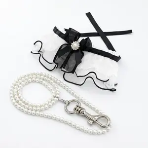 2Pcs French Lace Pearl Pet Set – XS Ruffled Collar + 1.2M Pearl Leash – Elegant Wedding Photo Prop with Black Bow & Rhinestone – No-Pull Cross-Neck Design – Soft Breathable Lace for Small Cats & Tiny Dogs – Luxury French Court Style – Viral TikTok Gift