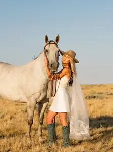 Western Square Edge Waltz Length Wedding Veil Bridal Accessory with Hand-Drawn Western Bit Reins Wheat Florals & Horseshoes