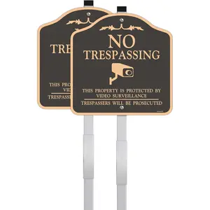 (2 Pack) Large No Trespassing Sign, Video Surveillance Signs, Reflective,,, Includes Yard Stakes for Installation, 12x12 Inches