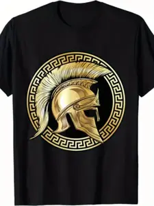 Men's Spartan Helmet & Greek Gladiator Design T-Shirt - Retro Ancient Greece Warrior Print, Short Sleeve Casual Gym Wear, Comfortable Round Neck Tee for History Buffs & Spartan Themed Events