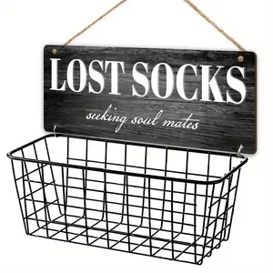 Lost Socks Laundry Sign, Metal Mesh Basket with Wooden Sign, Laundry Room Decor, Missing Socks Basket, Perfect for Home & Dorm Decor, Organiser