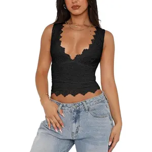 Womens Sexy V-Neck Sleeveless Double Lined Going Out Y2K Trendy Lace Cropped Tank Tops