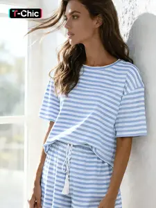 Women's Striped Knit Short Sleeve Top & Drawstring Shorts Set, Casual Loose Fit Summer, Home & Outdoor Wear, Homewear, 2 Piece Suit, Loungewear, Soft Casual Pajamas, Pajama Set