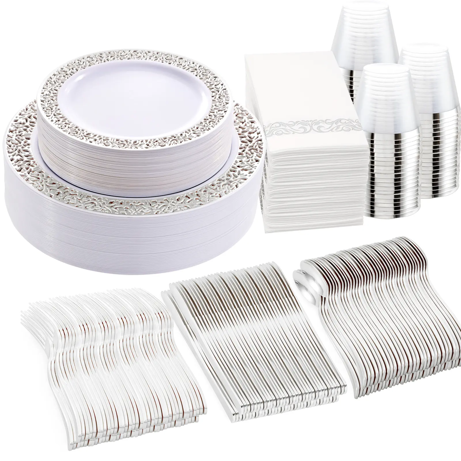 Wellife 350 Silver/Gold/Rose Gold Party Plates for 50 Guests, Silver Wedding Plates Disposable Heavy Duty, Including :50 Dinner Plates, 50 Dessert Plates, 50 Cups, 50 Napkins, 50 Sliver Silverware Set