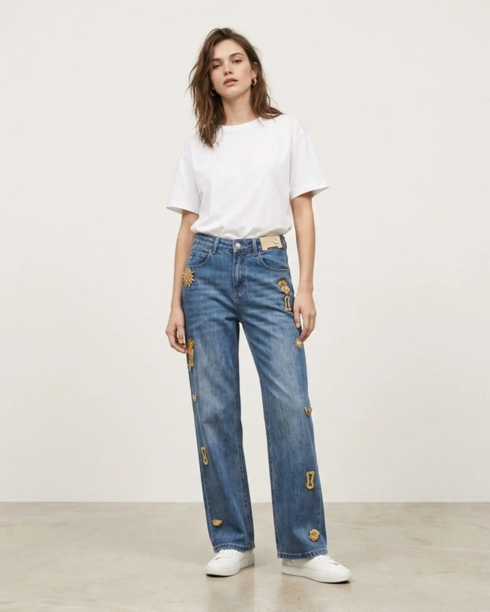 Women's High-Rise Straight Leg Cotton Denim Jeans - Casual Fit Pants with Decorative Gold Applique Detail and Pocket