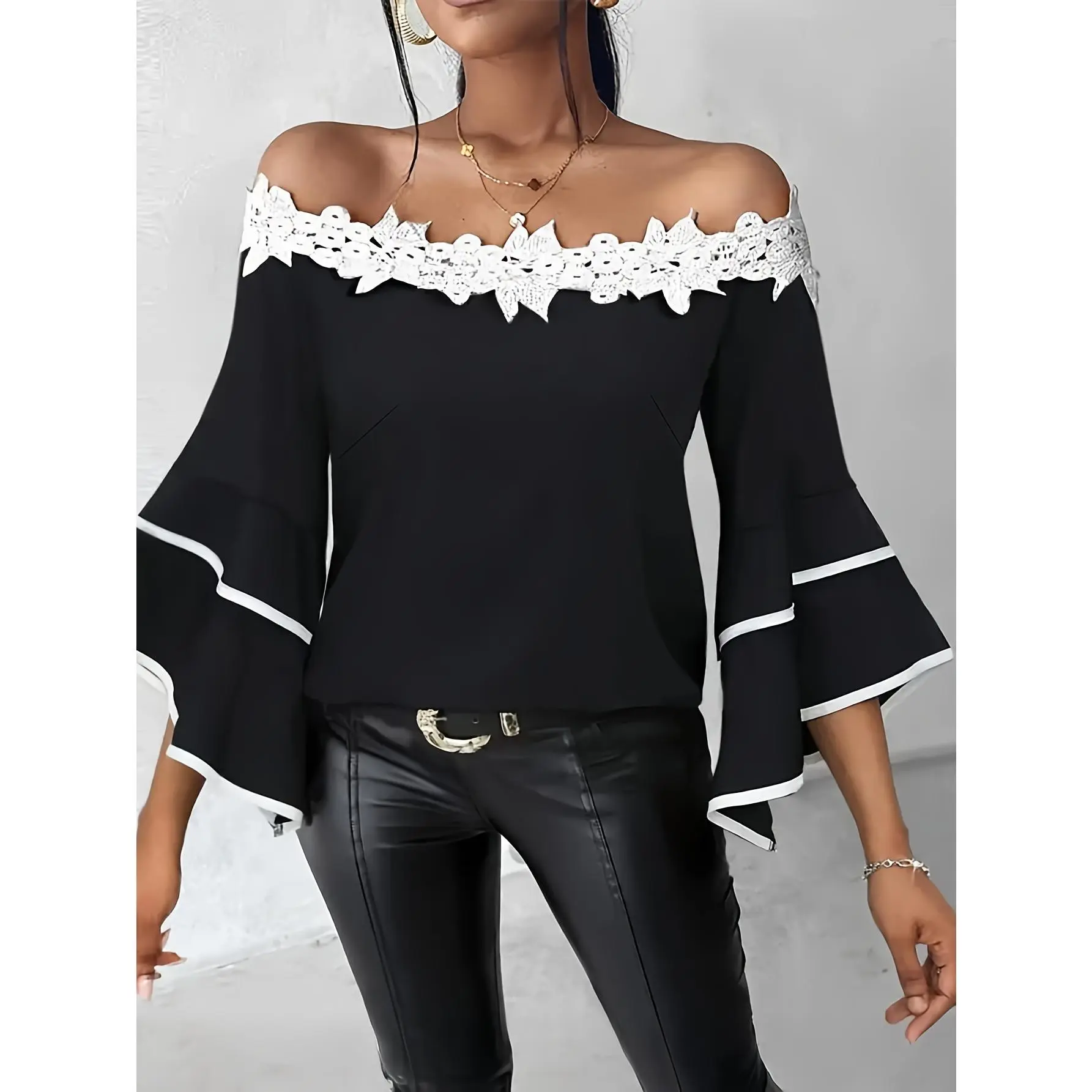 Plus Size Women's Top, Elegant Black Polyester Shirt with a Crew Neck and Floral Lace Trim for Spring Summer, Shirts, Lady, 1Xl, Blouse, Lacy, Shirt Top