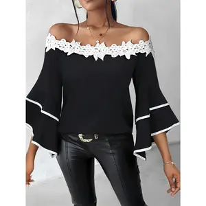 Elegant Plus Size Women'S Blouse with Lace Trim - Black Polyester Crew Neck, Non-Stretch Fabric, Perfect for Spring/Summer, Casual Elegant Attire | Floral Lace Detail | Nonstretch Material