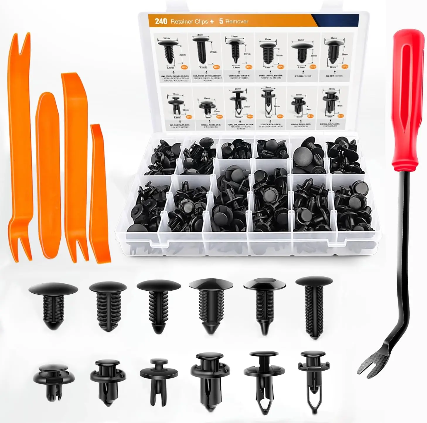 240pcs Heavy-Duty Plastic Bumper Retainer Clips Kit with Fastener Remover, Car Push Rivets for Door Trim Panel - Compatible with Toyota, GM, Ford, Honda, Acura, Chrysler, Heavy-Duty Plast, Fastener Tool