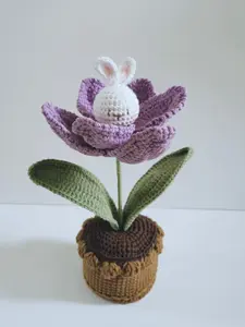 finished product,easter bunny in flower, bunny in tulip, cute crochet bunny, rabbit, crochet flower in the pot, hand made, crochet tulip, unique present, car decoration, home decoration, potted tulip plant