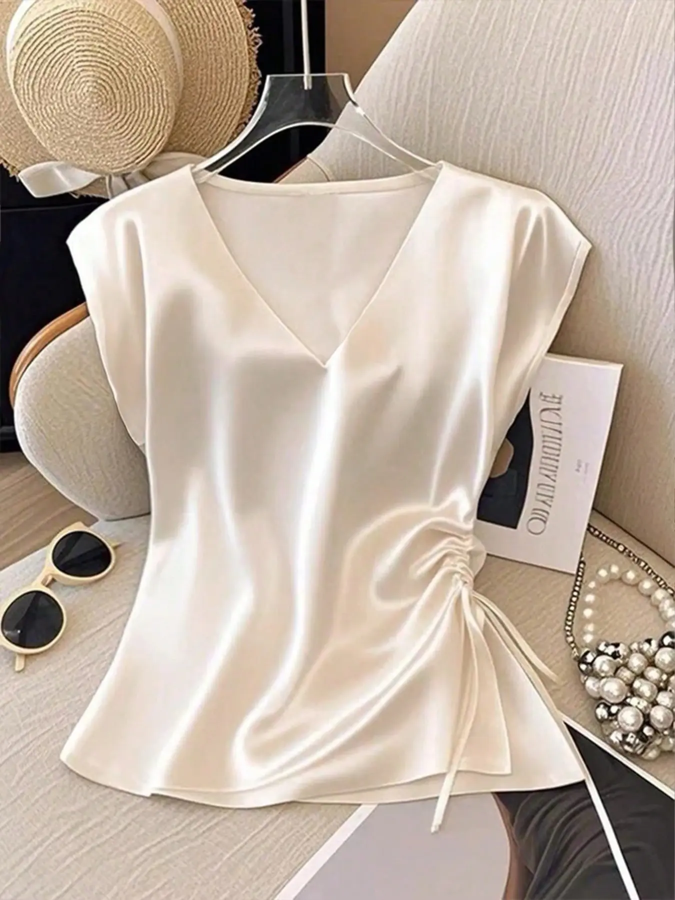 Plus Women's Plain Satin Smooth V-Neck Pleated Summer Elegant Chic Fitted Blouse Shirts Top Womenswear, Featuring Versatile Design Aesthetics for Brunch, Date Nights, Office Commutes & Casual Outings