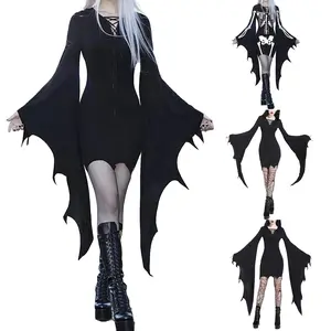 Qiweiss Women´s Short Halloween Costumes Black/Skeleton Print Bat Long Sleeve Cosplay Party Prom Dress