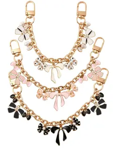 Bow & Flower Bag Chain Extenders, Gold Curb Chain Charms with Bow & Floral Charms, Sweet Coquette Bag Decoration Keychain, Elegant Girly Bag Pendant for Tote & Handbag, Available in Black/White/Pink, Ideal for Fashionable Girls & Romantic Style Lovers
