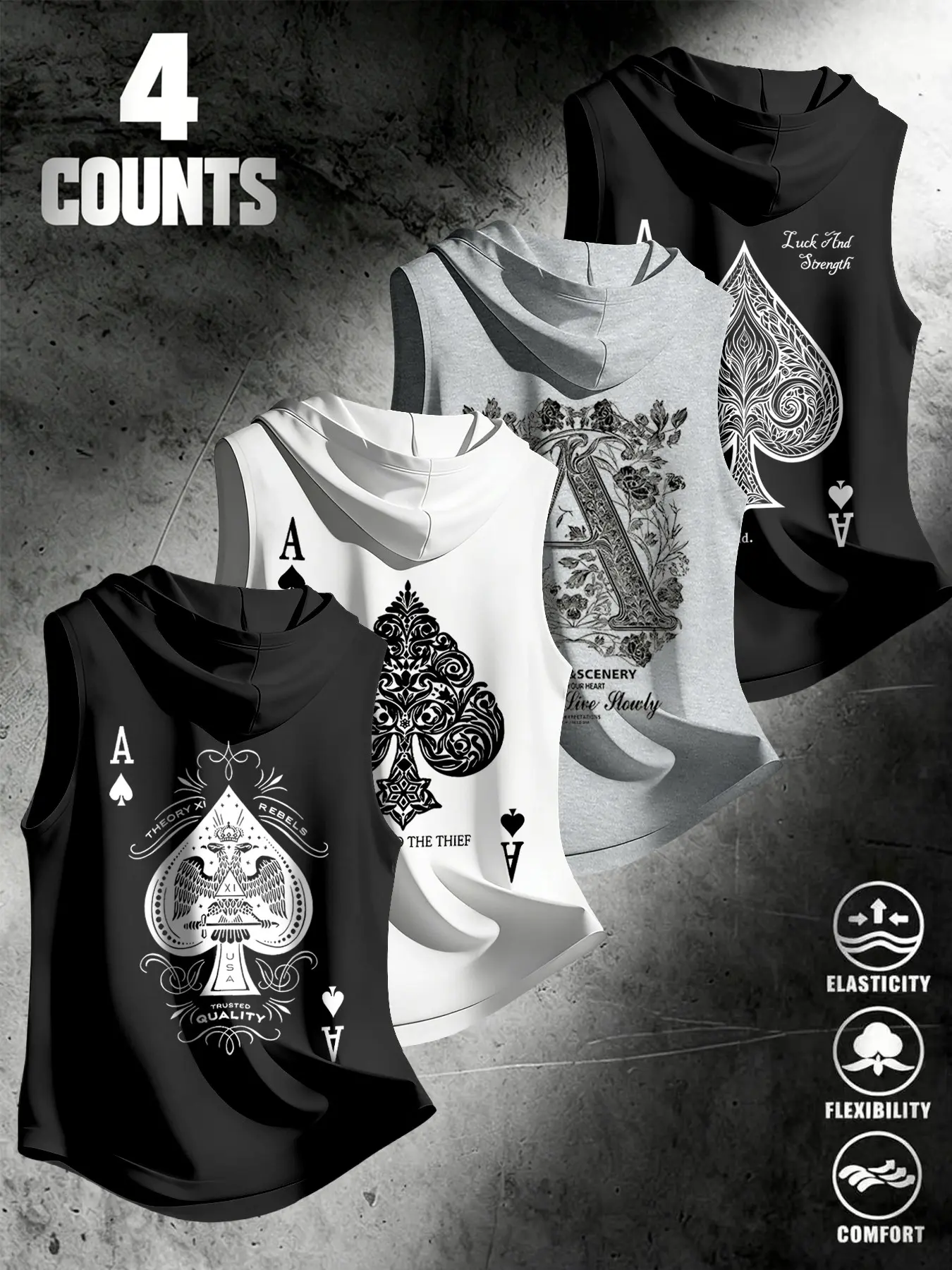 4 Piece Set Men's Streetwear Hooded Sleeveless Tank Tops, Urban Street Tank, Ace Dark Style, Loose Fit, Multi-Color, Casual Fitness Wear, Stylish Tank Tops