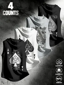 4 Piece Set Men's Streetwear Hooded Sleeveless Tank Tops, Ace Dark Style, Loose Fit, Multi-Color, Casual Fitness Wear, Stylish Tank Tops