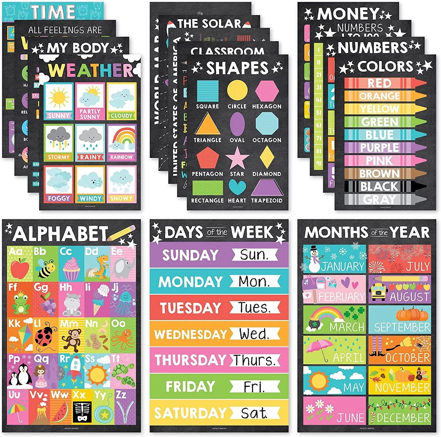 Colorful Chalk Educational Posters | Set of 16 | Classroom Supplies