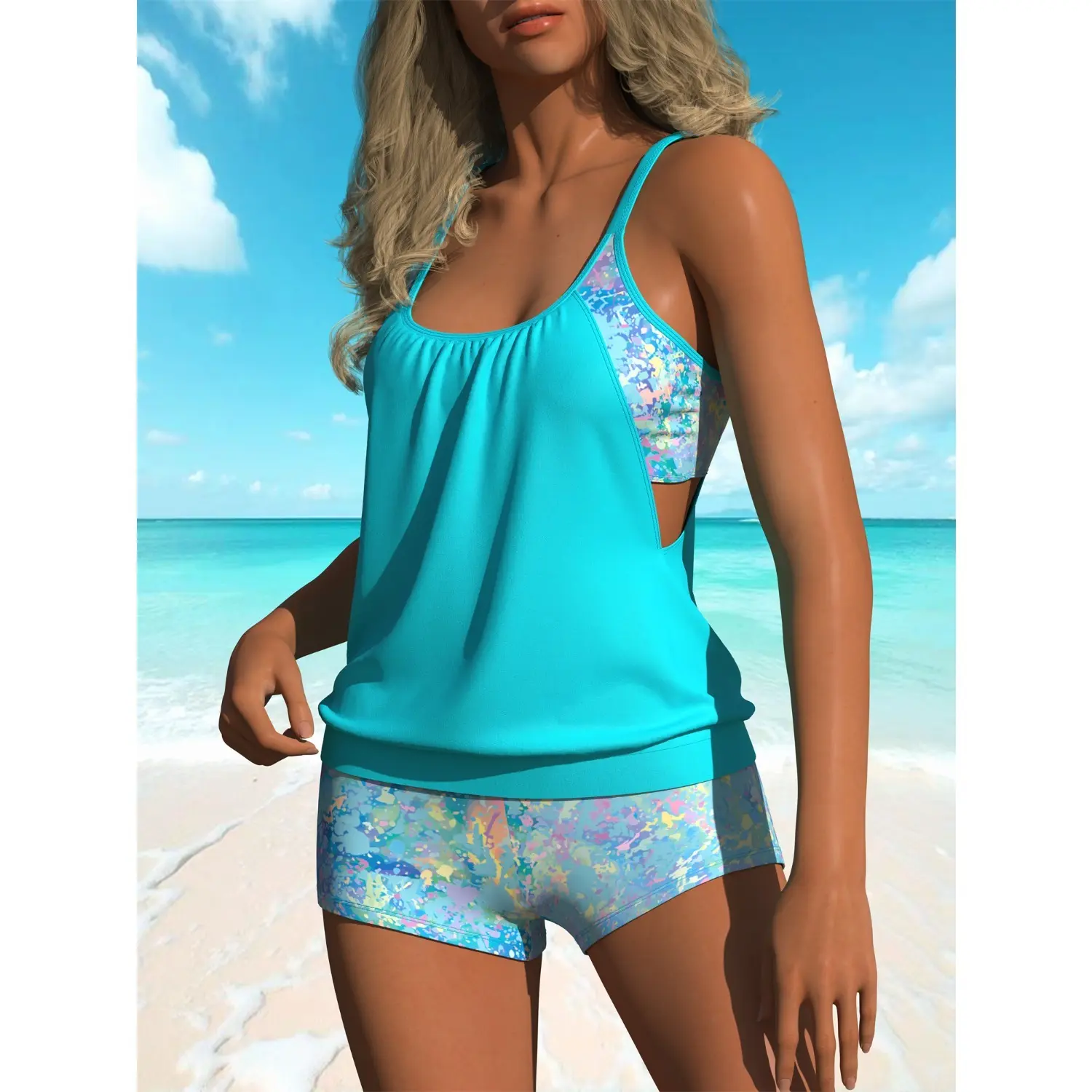 Women's Swimsuits with Tummy Control, 2-Piece Blouson Top Tankini and High Waisted Boyshorts, Quick Dry Bathing Suit for Pool & Beach, Swimsuits Tummy Control, Versatile, Female Fit, High Waist Cut