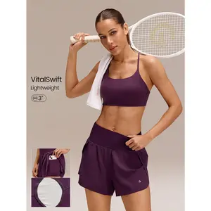 GLOWMODE 3" VitalSwift Quick-Dry Set The Pace High Slit Adjustable Drawstring Waist Shorts With Built-In Shorts Side Pockets Non-Slip Grips Medium Impact Running Jogging Training Gym Workout