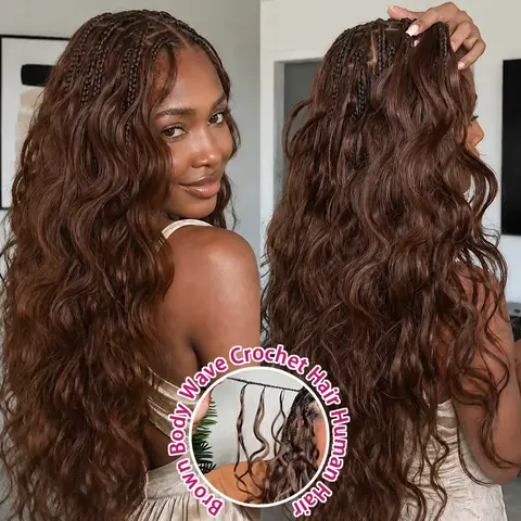 Bling Hair #4 Chocolate Brown Body Wave Feather Crochet Human Hair Extension Pre Separated Knotless Crochet Hair For Boho Braids