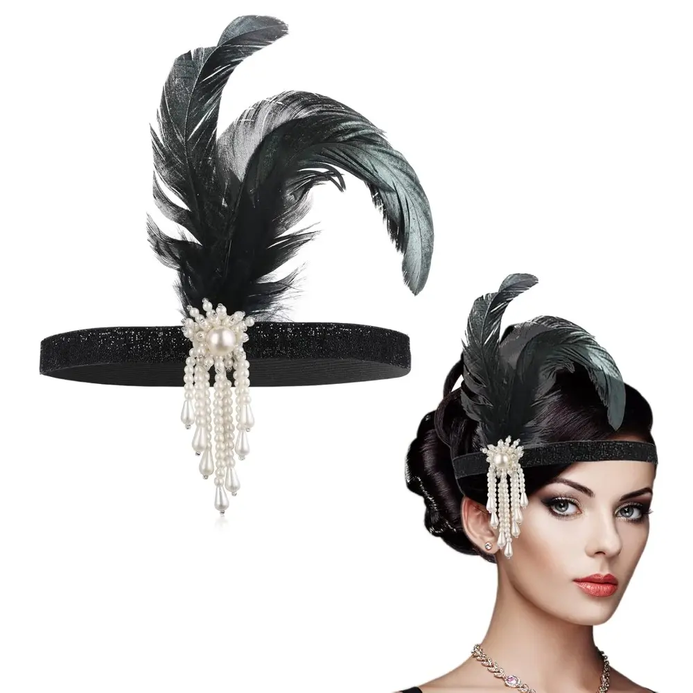 1920s Flapper Headband, Feather Headwear Head Black Head  display picture 1