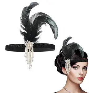 1920s Flapper Headband, Feather Headwear Head Black Head Wear 1920s Fashion Bling Rhinestone Hair Accessories for Women Girls Gatsby Themes Costume Prom Party Decoration (White Beads)