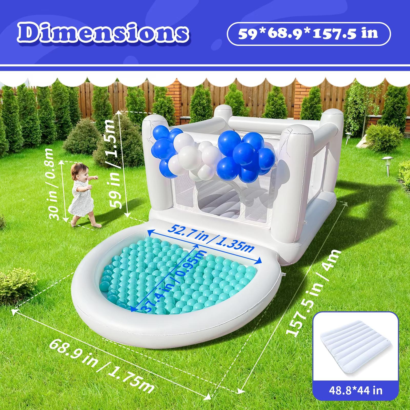 White Bounce House for Kids Indoor Bouncy Castle with Pump Toddler Bounce House PVC Waterproof Materials Easy to Clean Outdoor Toddler Toys White Bounce House With Ball Pit Indoor Playhouse Bouncy Castle  Outdoor Playhouse Inflatable Yard Decorations