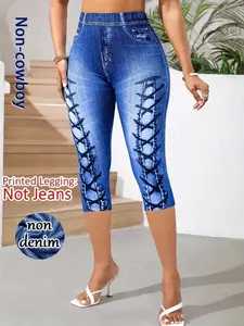 Fashionable Printed Leggings, Non-Denim Fabric, Seven-Inch Pants, Imitation Jeans Pocket Design, Perfect for Running, Walking, Yoga, Workout