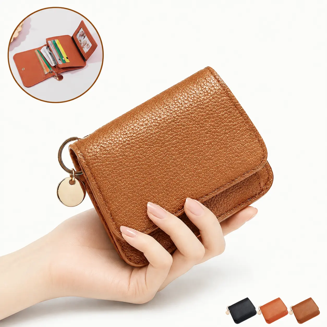 Women’s Compact RFID Blocking Wallet, Elegant Slim Pebbled Leather Card Holder with Coin Pocket, Portable Short Wallet for Cards, Cash & Earbuds