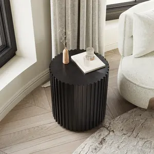 Fluted Round End Table, Mid Century Modern Round Coffee Table, Minimalist Wood Coffee Table, Black, Fully Assembly, 20.08"