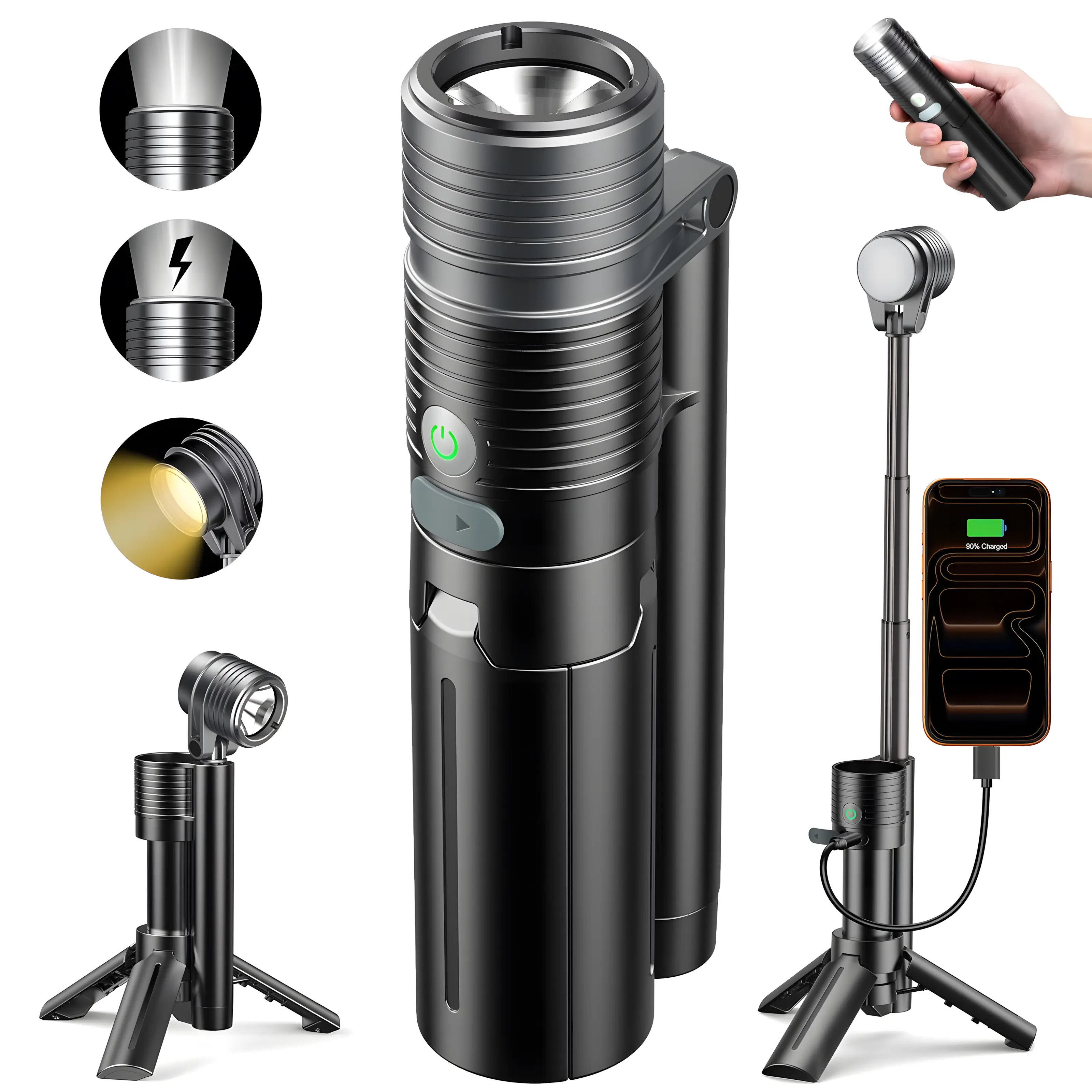 AsFrost Tactical LED Flashlight, Rechargeable Aluminum Body with 180° Flip Head, Magnetic Base & Tripod, 4500mAh Power Bank, Waterproof IPX6, 8-Mode Torch for Camping and Emergency, Outdoor Camping, Batteries Built-In, Adjustable Flip, Dual-Color 8-Light,