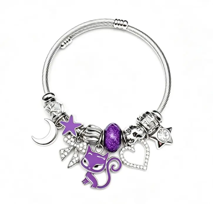 Open Bangle Twisted Cable Wire Bracelet, Purple Cat Moon Star Heart Rhinestone Charms Bangle, Adjustable Flexible Cuff Jewelry Gift for Women Girls