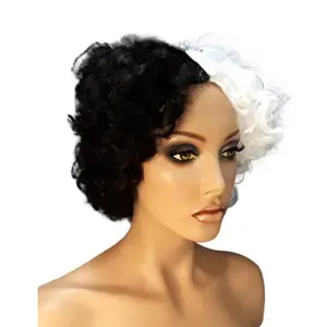 Black and White Wig Short Thick Curly Women's Heat Resistant Costume Wig with Bangs, Comfortable Breathable Cap and Adjustable Straps