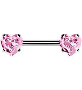 Double Pink Heart CZ Stainless Steel Threadless Barbell