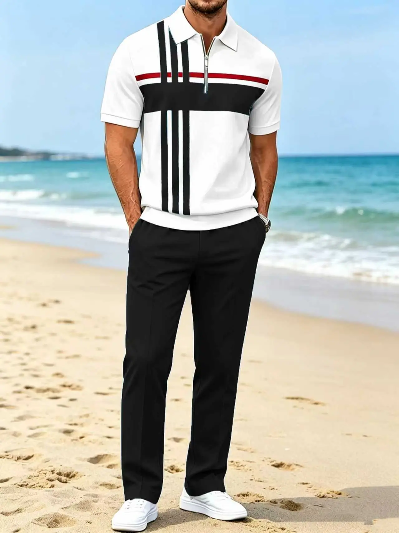Men's 2-Piece Outfit Set: Casual Geometric Stripe Short Sleeve Polo and Light Blue Straight-Leg Pants, Menswear, Shortsleeve, Striped